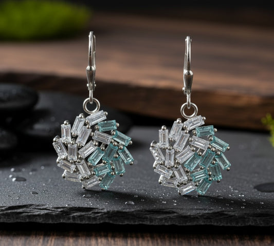 Modern Sparkle Drops: Natural Blue Topaz & Moissanite Cluster Dangle Earrings