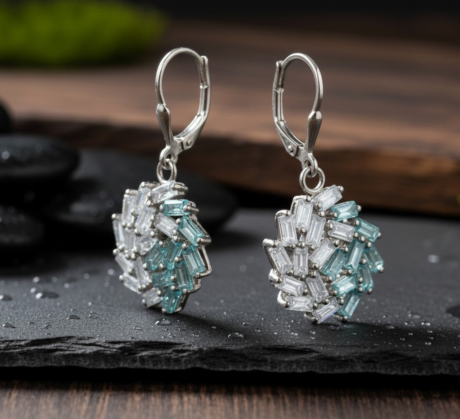 Modern Sparkle Drops: Natural Blue Topaz & Moissanite Cluster Dangle Earrings