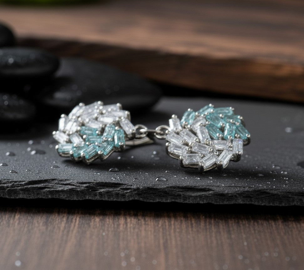 Modern Sparkle Drops: Natural Blue Topaz & Moissanite Cluster Dangle Earrings