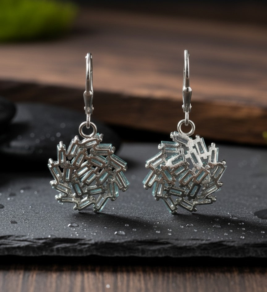Modern Sparkle Drops: Natural Blue Topaz & Moissanite Cluster Dangle Earrings