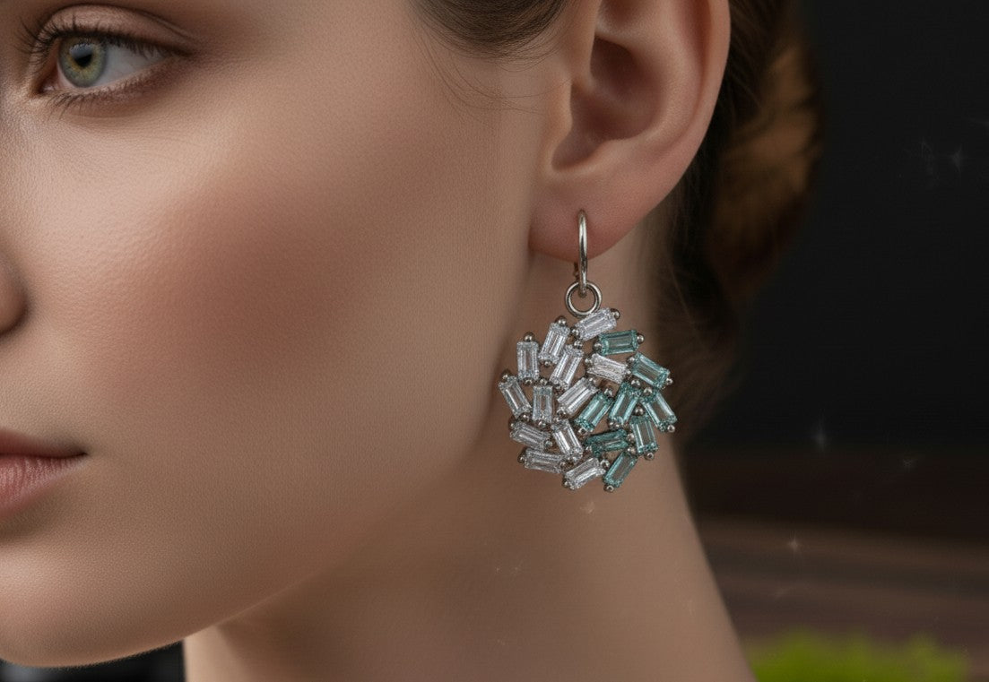 Modern Sparkle Drops: Natural Blue Topaz & Moissanite Cluster Dangle Earrings