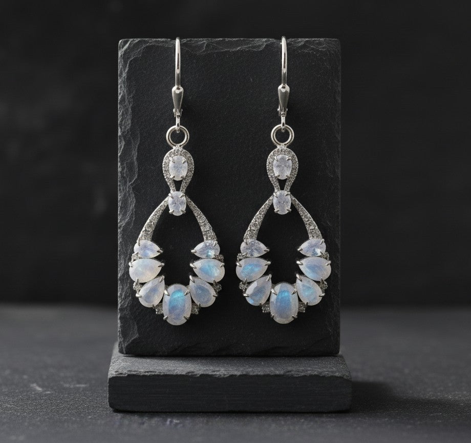 Ethereal Cascade Earrings: Natural Moonstone Drops with Dazzling Moissanite Accents