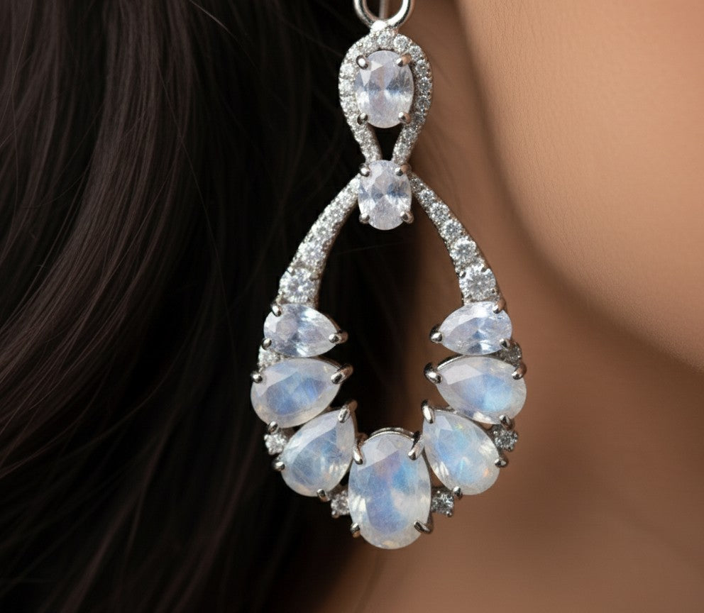 Ethereal Cascade Earrings: Natural Moonstone Drops with Dazzling Moissanite Accents