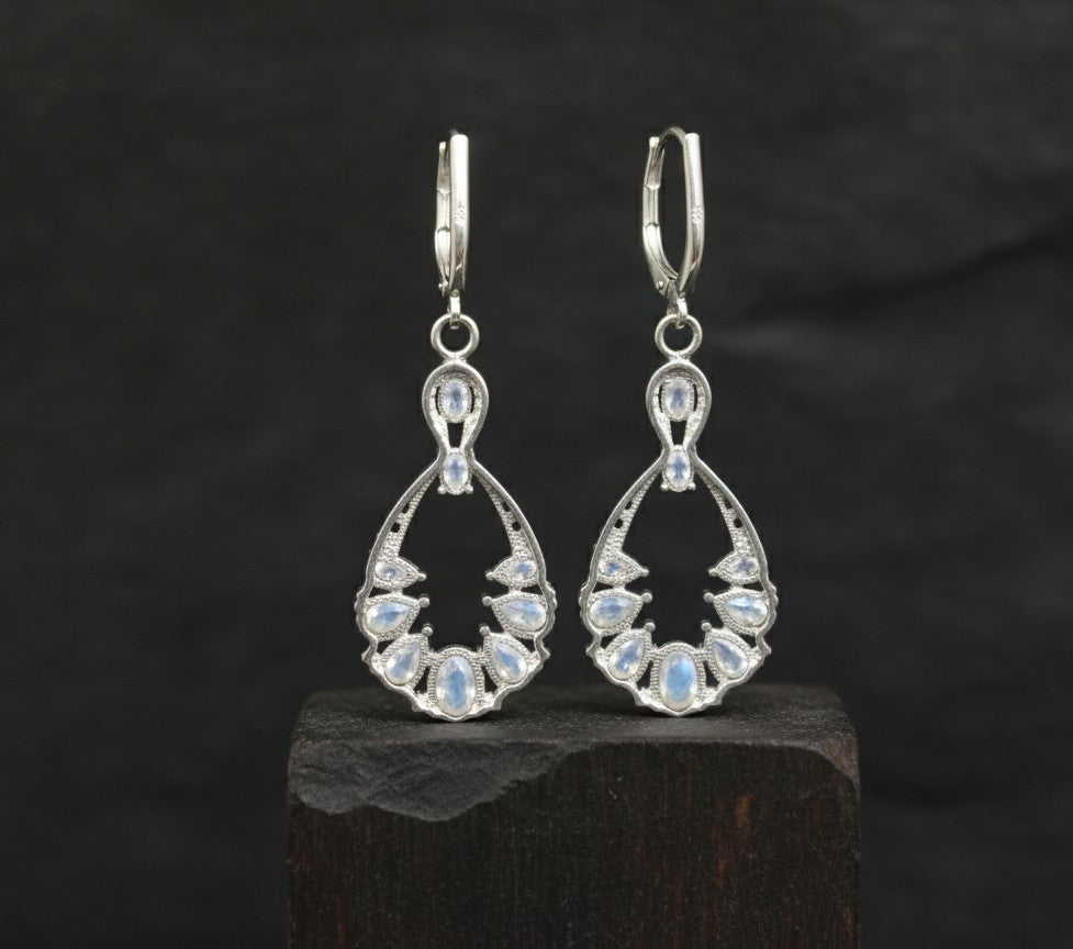 Ethereal Cascade Earrings: Natural Moonstone Drops with Dazzling Moissanite Accents