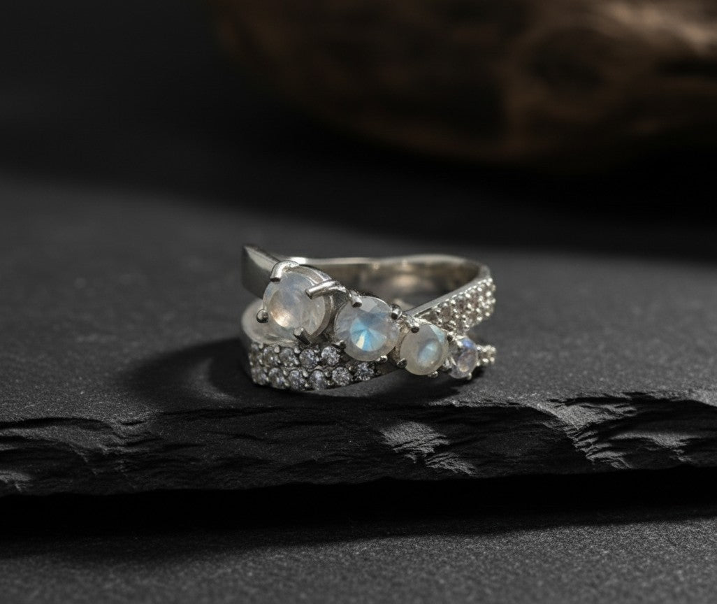 Celestial Cross Ring: Natural Moonstone Trio with Sparkling Moissanite Bypass Band