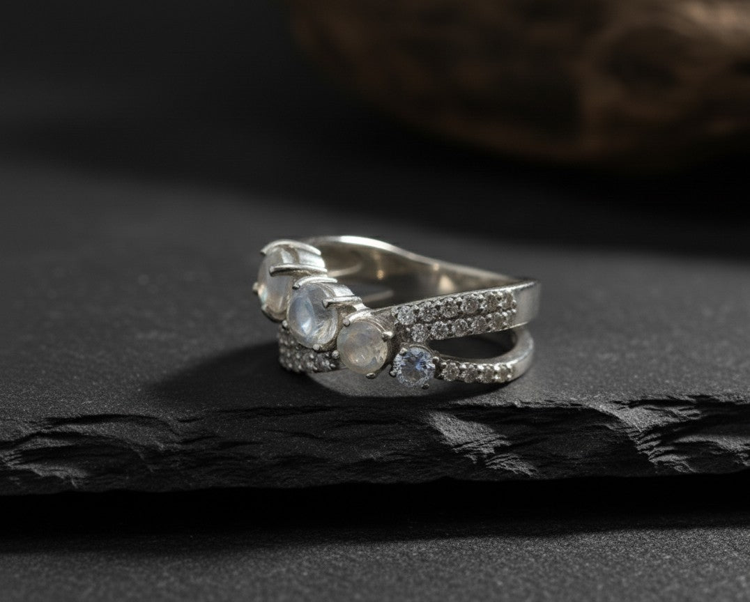 Celestial Cross Ring: Natural Moonstone Trio with Sparkling Moissanite Bypass Band