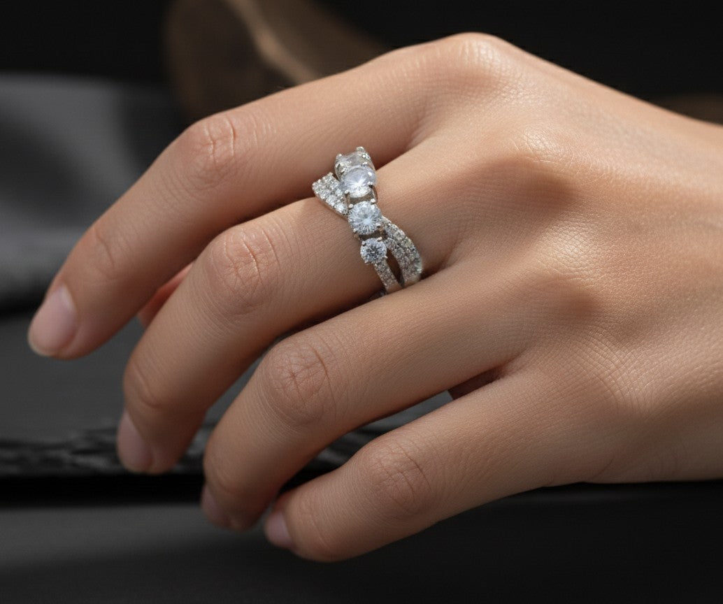 Celestial Cross Ring: Natural Moonstone Trio with Sparkling Moissanite Bypass Band