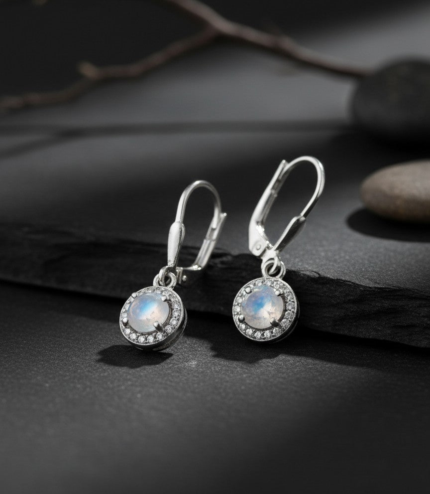 Ethereal Glow Drops: Natural Moonstone & Dazzling Moissanite Halo Dangle Earrings
