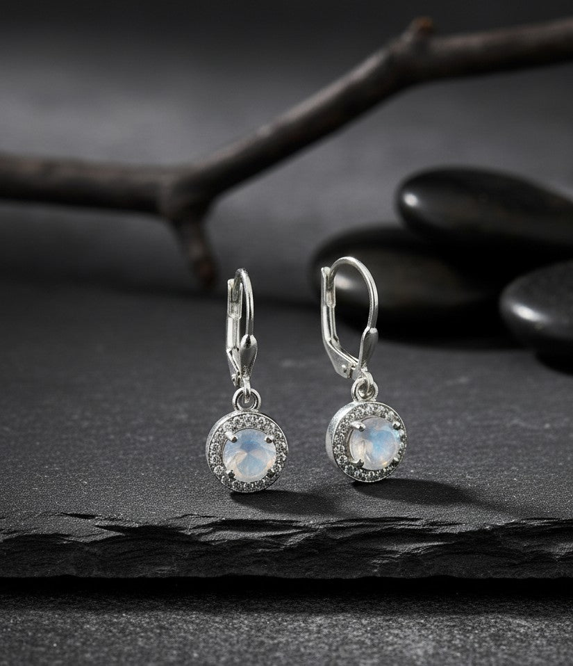 Ethereal Glow Drops: Natural Moonstone & Dazzling Moissanite Halo Dangle Earrings