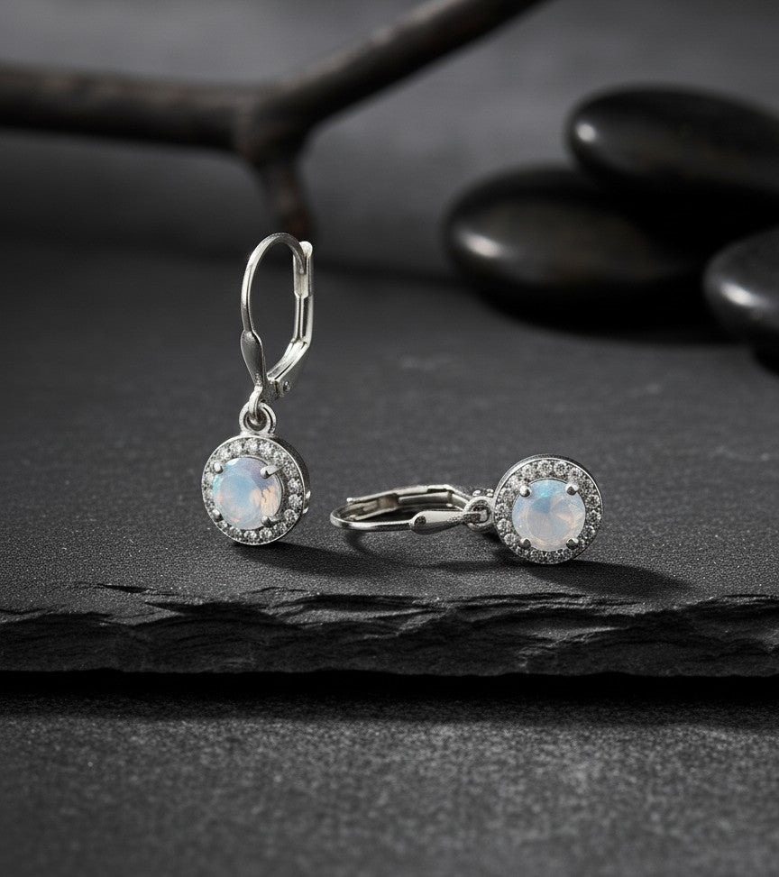 Ethereal Glow Drops: Natural Moonstone & Dazzling Moissanite Halo Dangle Earrings