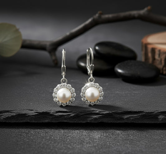 Timeless Radiance: Natural Pearl & Dazzling Moissanite Halo Drop Earrings