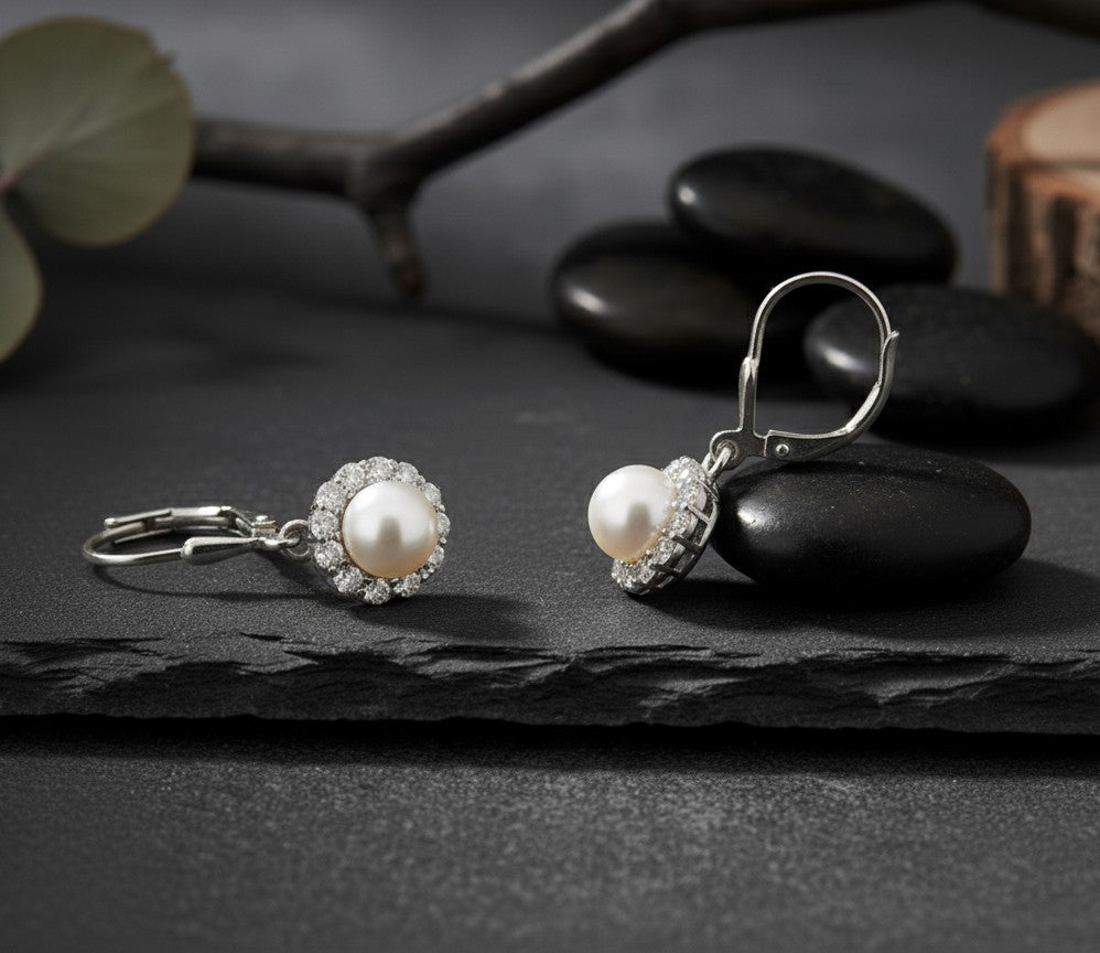 Timeless Radiance: Natural Pearl & Dazzling Moissanite Halo Drop Earrings