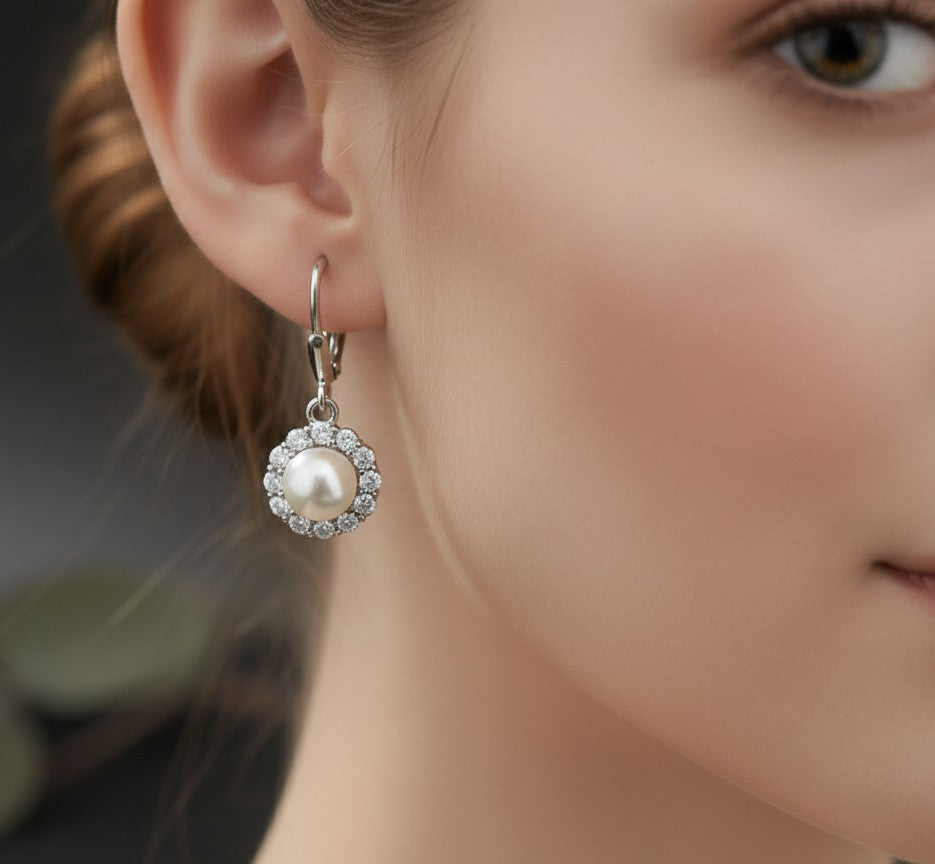 Timeless Radiance: Natural Pearl & Dazzling Moissanite Halo Drop Earrings