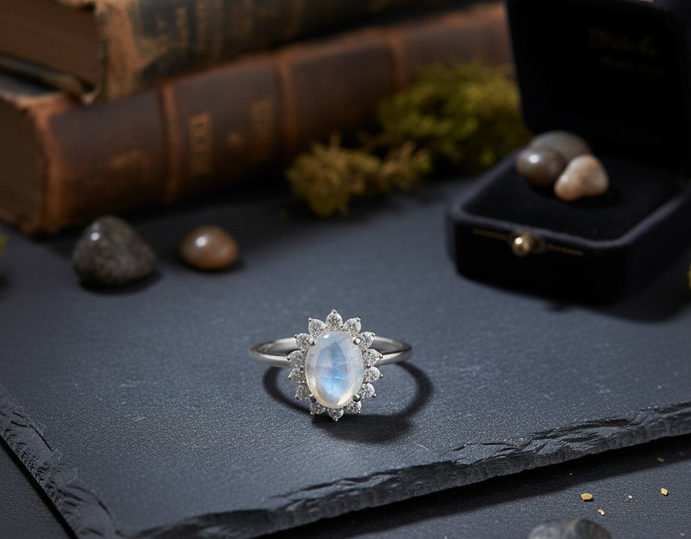 Celestial Halo Ring: Natural Moonstone & Dazzling Moissanite Sunburst Setting