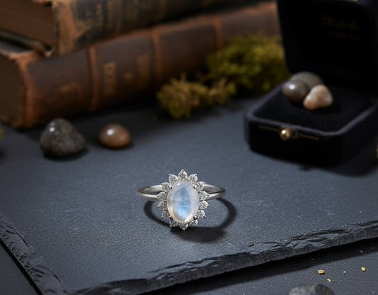 Celestial Halo Ring: Natural Moonstone & Dazzling Moissanite Sunburst Setting