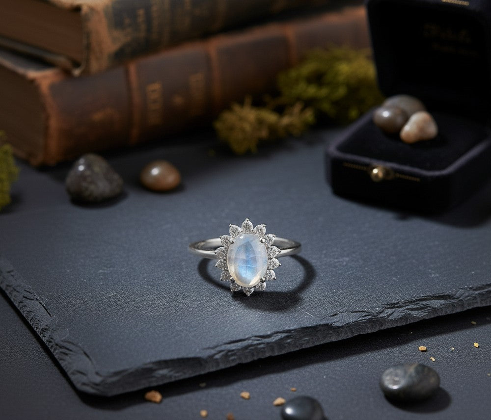 Celestial Halo Ring: Natural Moonstone & Dazzling Moissanite Sunburst Setting