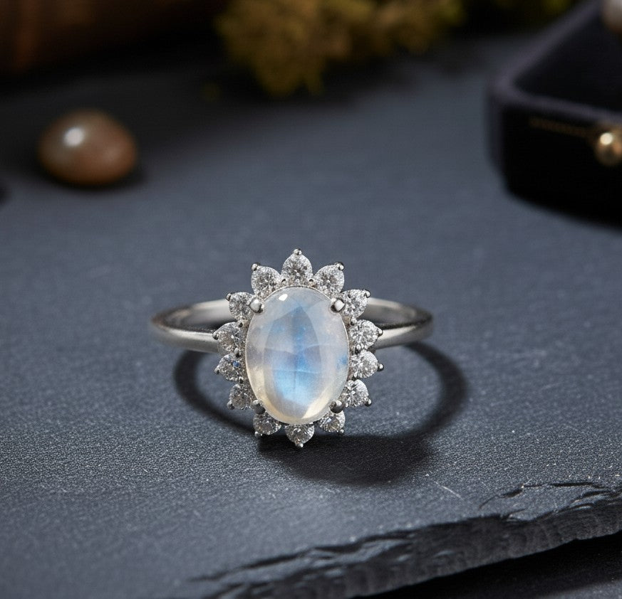Celestial Halo Ring: Natural Moonstone & Dazzling Moissanite Sunburst Setting
