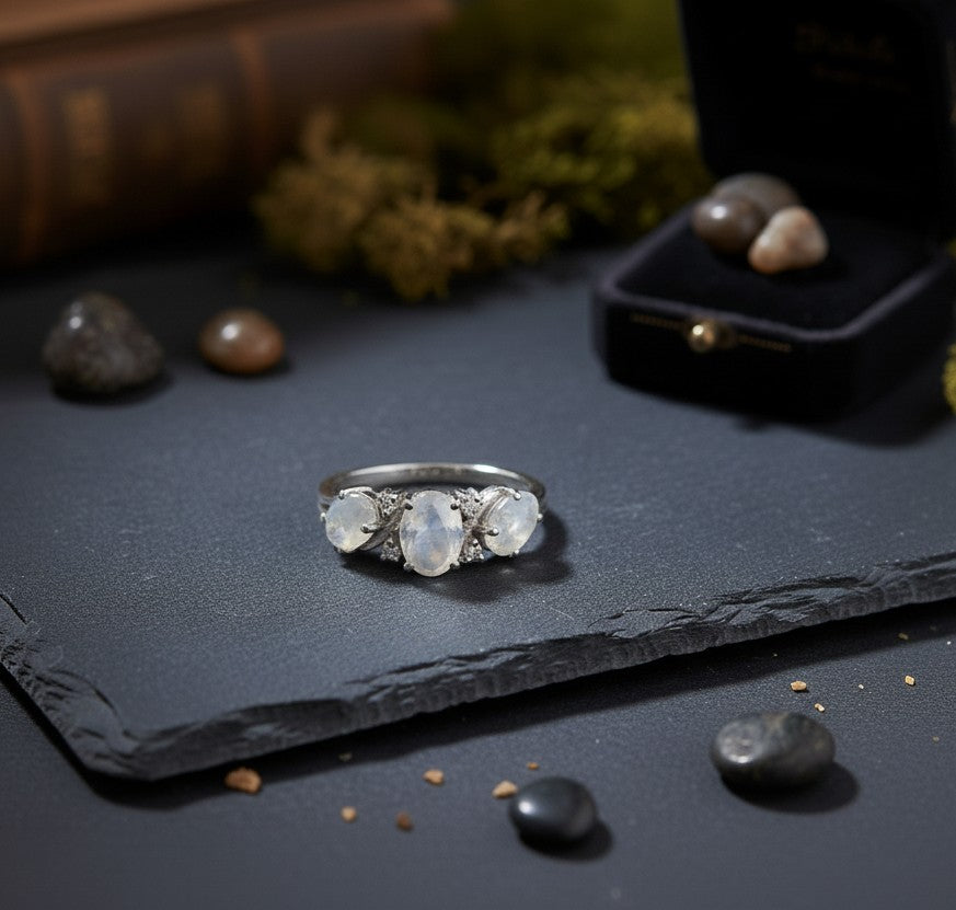 Lunar Trio Ring: Natural Moonstone & Dazzling Moissanite Three-Stone Ring