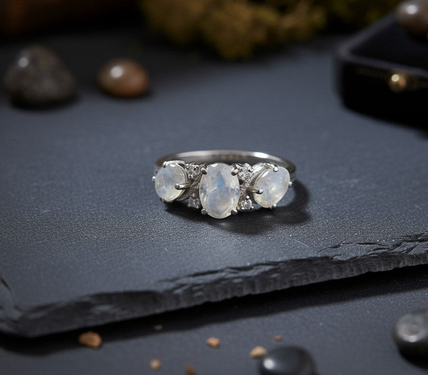 Lunar Trio Ring: Natural Moonstone & Dazzling Moissanite Three-Stone Ring