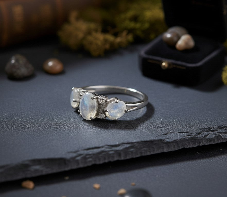 Lunar Trio Ring: Natural Moonstone & Dazzling Moissanite Three-Stone Ring
