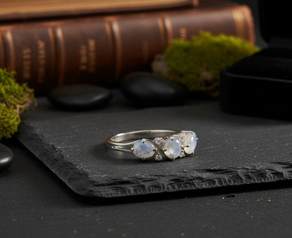 Lunar Trio Ring: Natural Moonstone & Dazzling Moissanite Three-Stone Ring