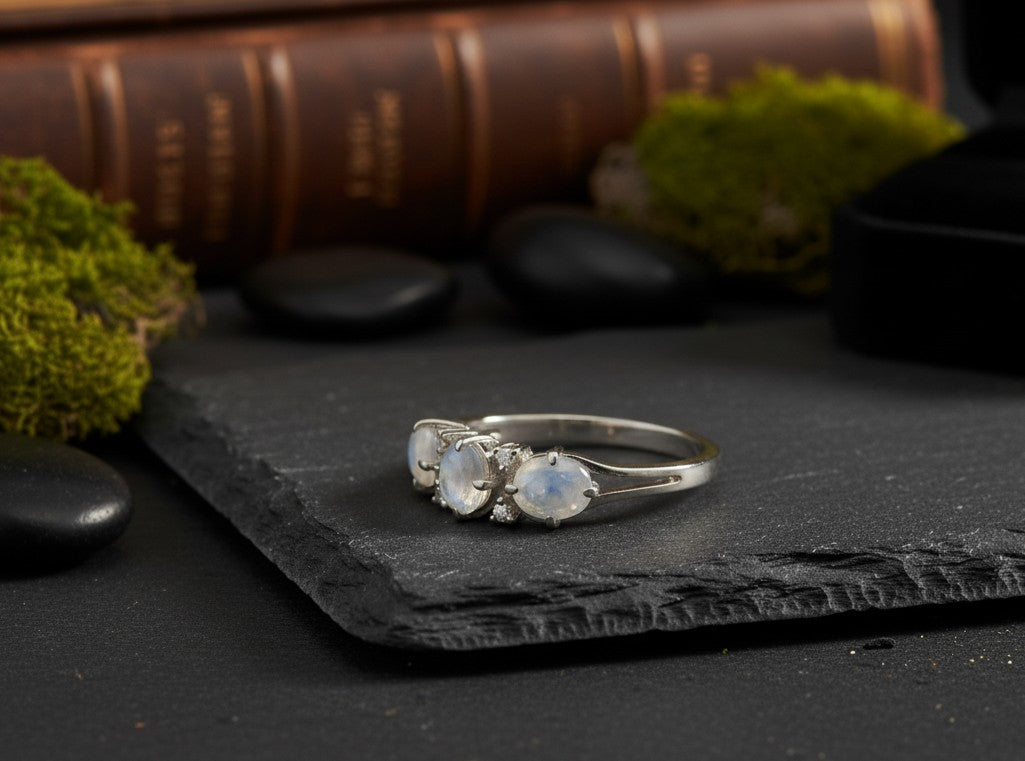Lunar Trio Ring: Natural Moonstone & Dazzling Moissanite Three-Stone Ring