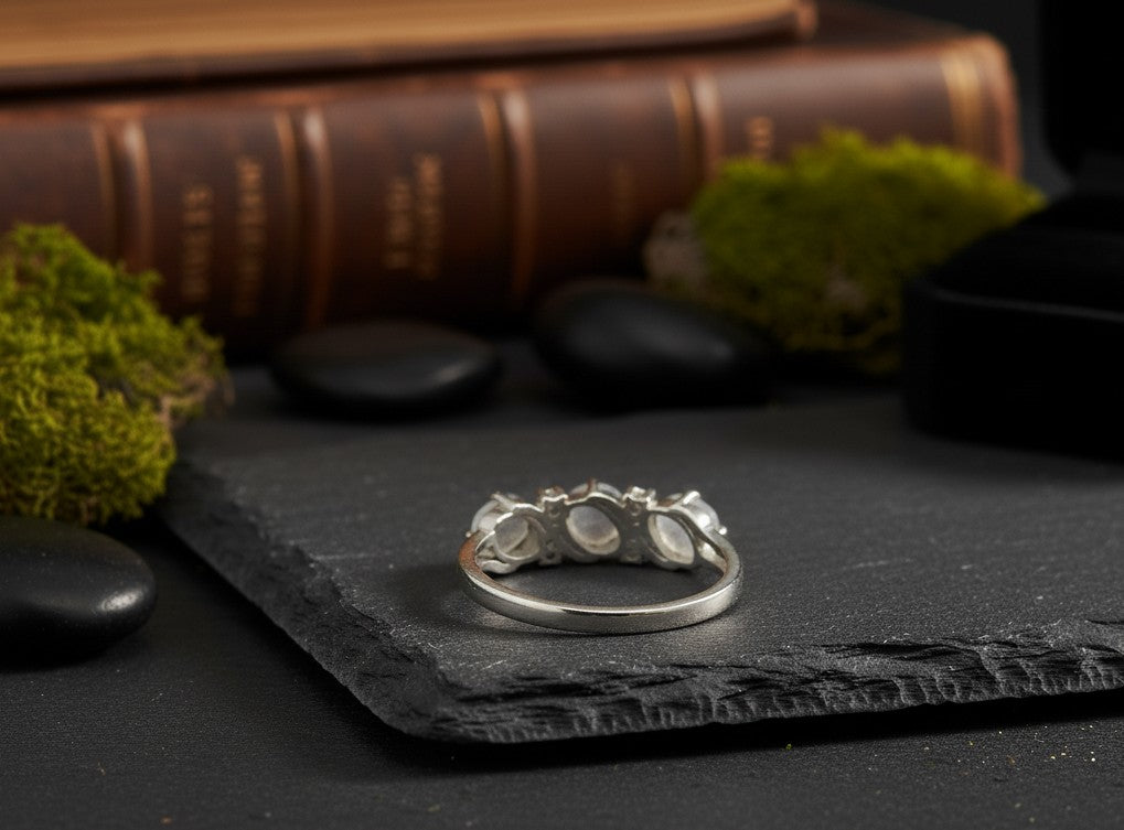 Lunar Trio Ring: Natural Moonstone & Dazzling Moissanite Three-Stone Ring