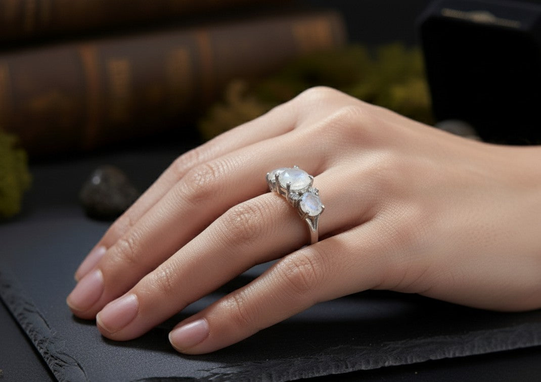 Lunar Trio Ring: Natural Moonstone & Dazzling Moissanite Three-Stone Ring