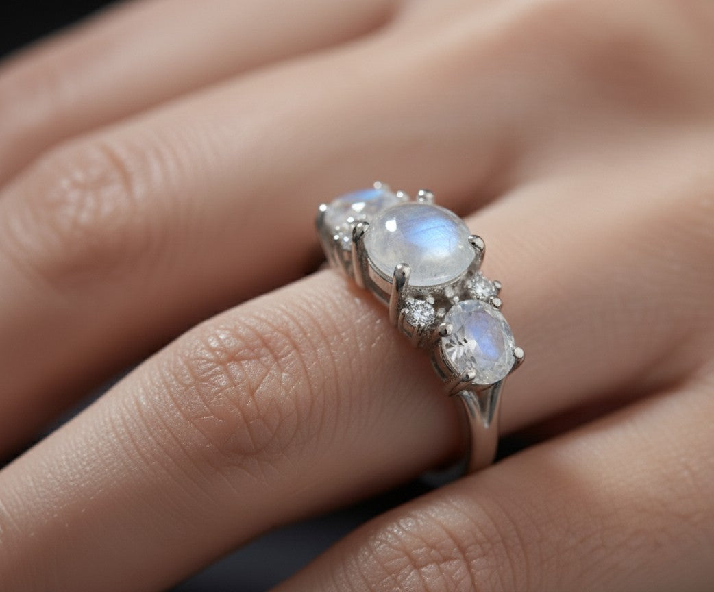 Lunar Trio Ring: Natural Moonstone & Dazzling Moissanite Three-Stone Ring