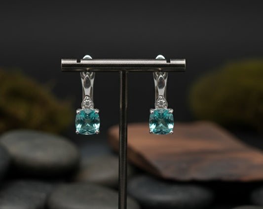 Tranquil Drop Earrings: Natural Cushion Blue Topaz & Moissanite Dangles in Sterling Silver