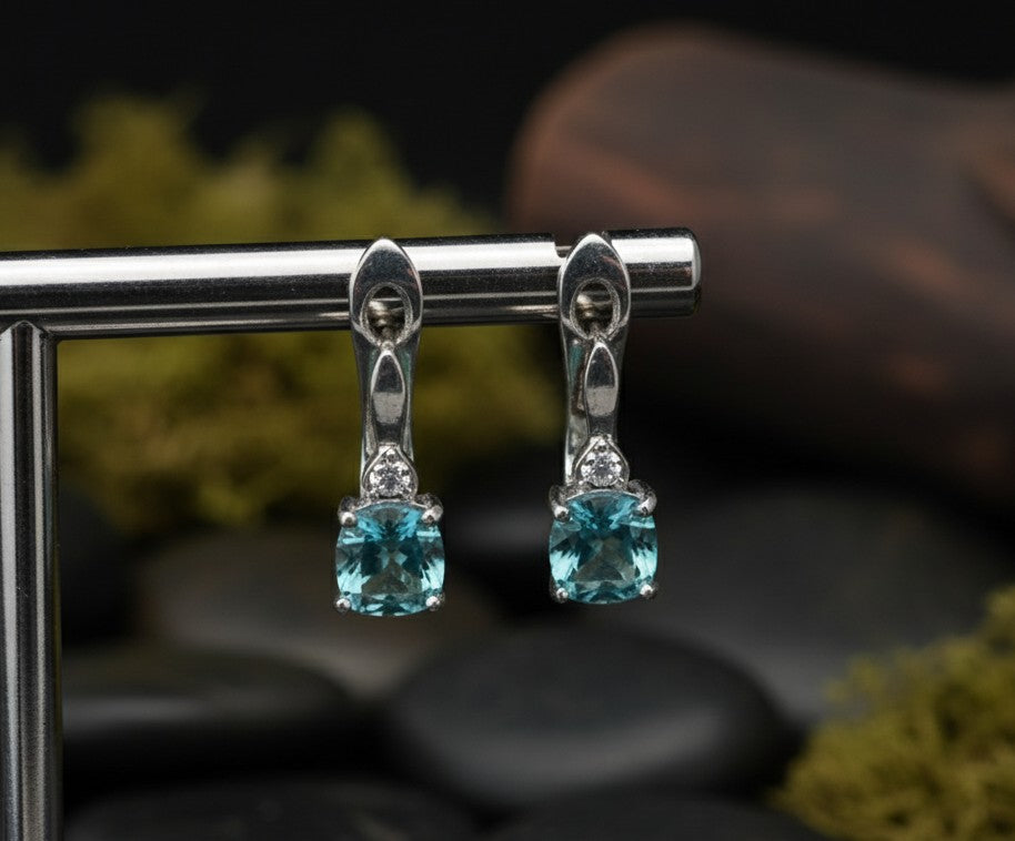 Tranquil Drop Earrings: Natural Cushion Blue Topaz & Moissanite Dangles in Sterling Silver