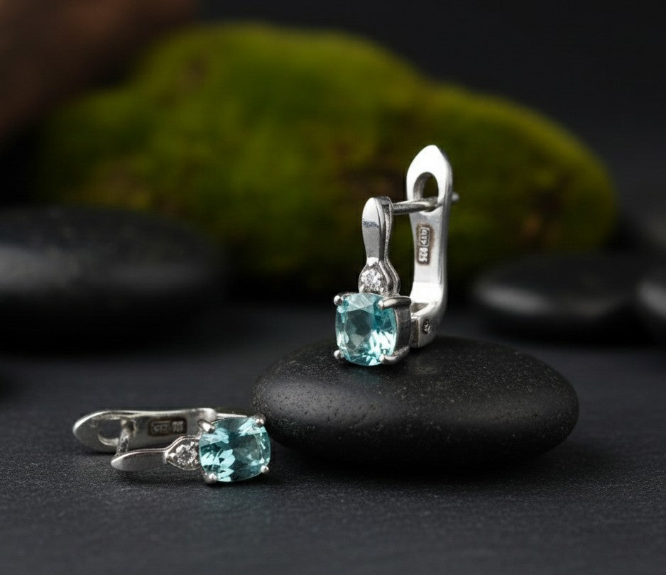 Tranquil Drop Earrings: Natural Cushion Blue Topaz & Moissanite Dangles in Sterling Silver