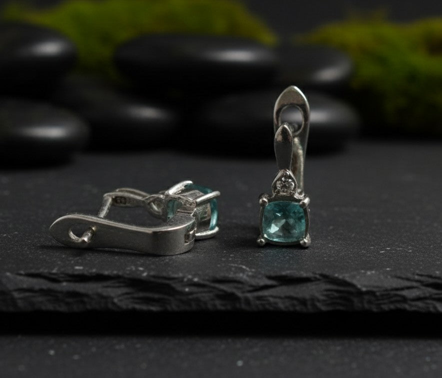 Tranquil Drop Earrings: Natural Cushion Blue Topaz & Moissanite Dangles in Sterling Silver