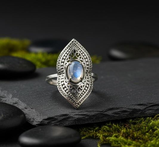 Moonlit Bloom Ring: Natural Oval Moonstone Statement Ring in Antiqued Sterling Silver