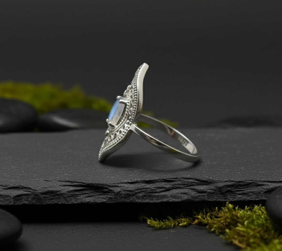 Moonlit Bloom Ring: Natural Oval Moonstone Statement Ring in Antiqued Sterling Silver