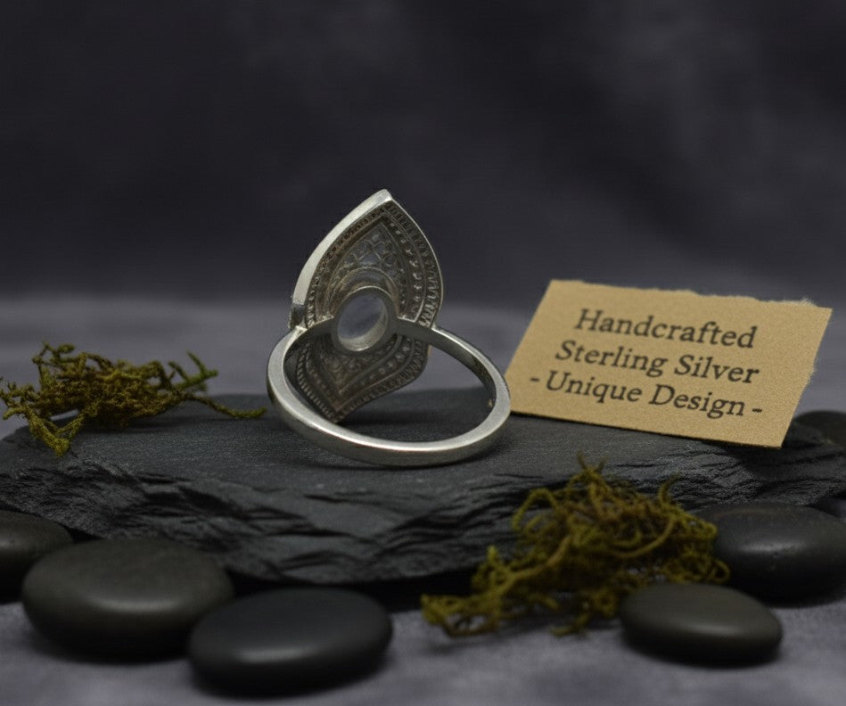 Moonlit Bloom Ring: Natural Oval Moonstone Statement Ring in Antiqued Sterling Silver