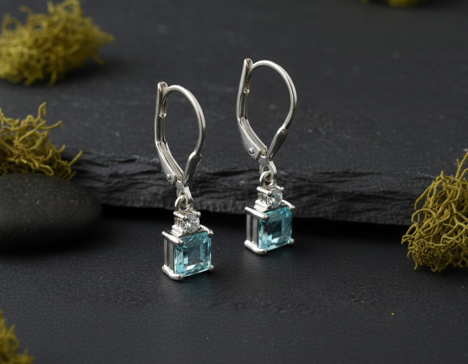 Aqua Sparkle Drops: Natural Princess Blue Topaz & Moissanite Dangle Earrings