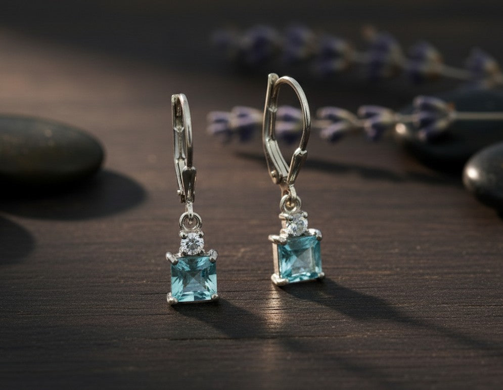 Aqua Sparkle Drops: Natural Princess Blue Topaz & Moissanite Dangle Earrings
