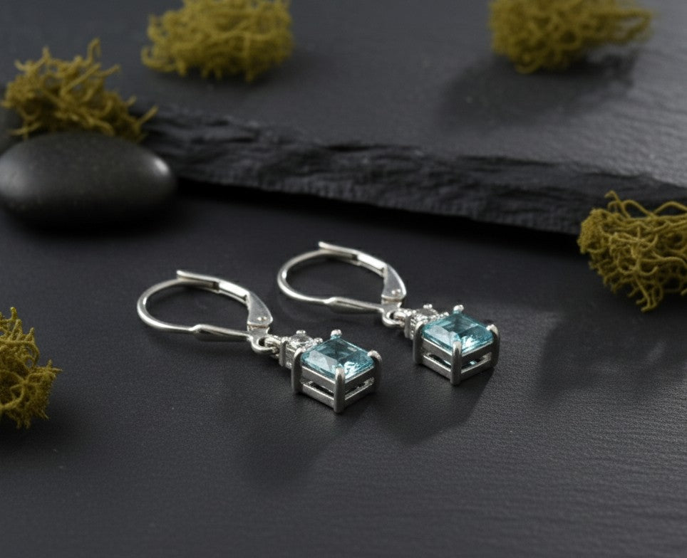Aqua Sparkle Drops: Natural Princess Blue Topaz & Moissanite Dangle Earrings
