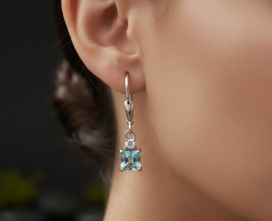Aqua Sparkle Drops: Natural Princess Blue Topaz & Moissanite Dangle Earrings