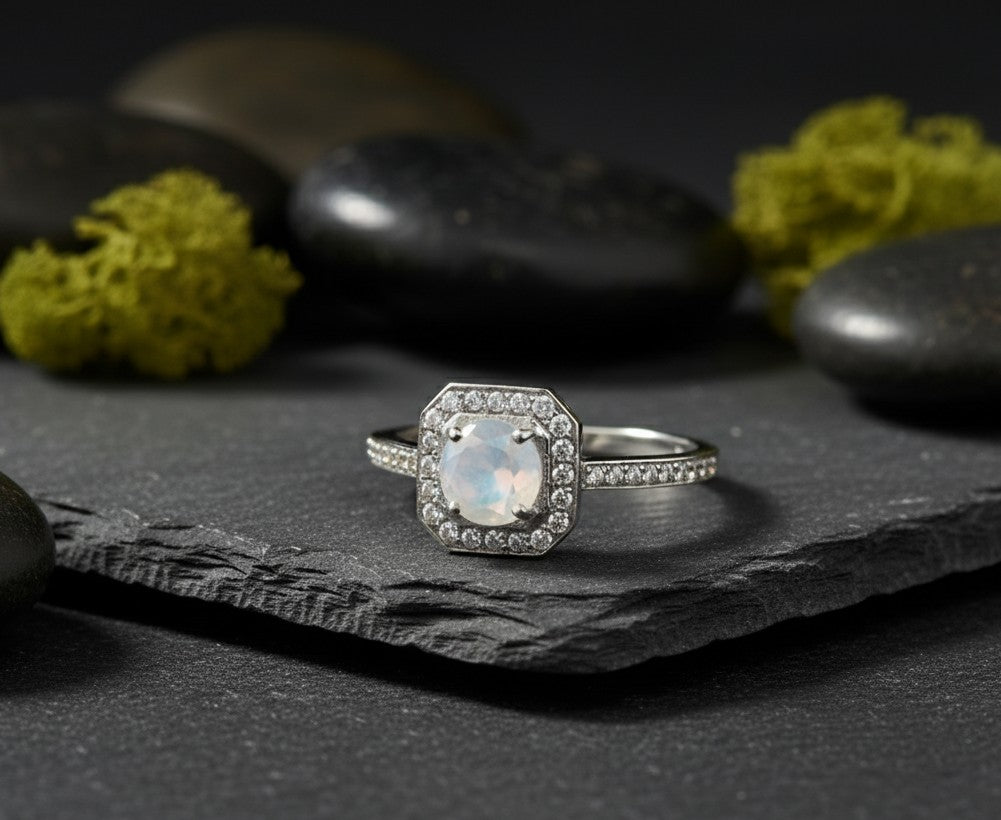 Celestial Halo Ring: Natural Moonstone & Dazzling Moissanite Cluster in Sterling Silver
