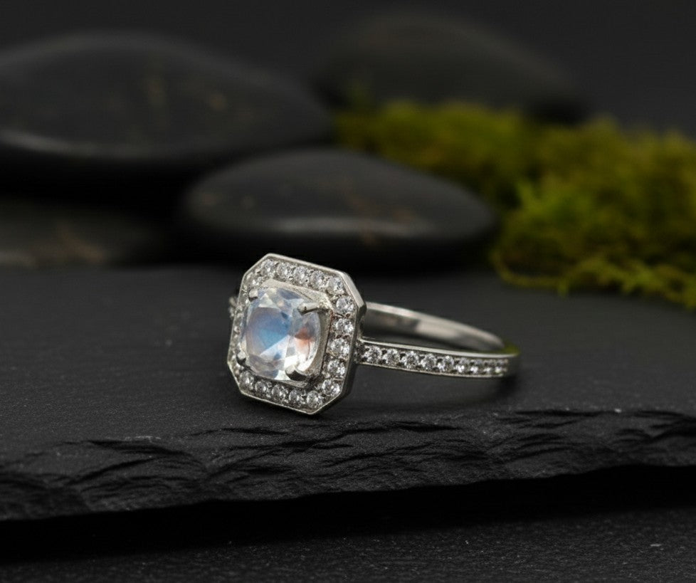 Celestial Halo Ring: Natural Moonstone & Dazzling Moissanite Cluster in Sterling Silver