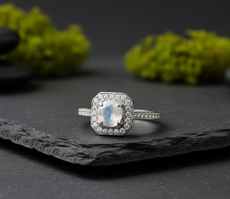 Celestial Halo Ring: Natural Moonstone & Dazzling Moissanite Cluster in Sterling Silver