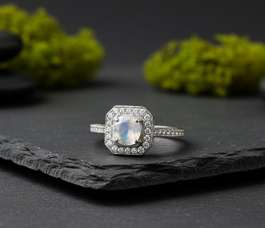 Celestial Halo Ring: Natural Moonstone & Dazzling Moissanite Cluster in Sterling Silver
