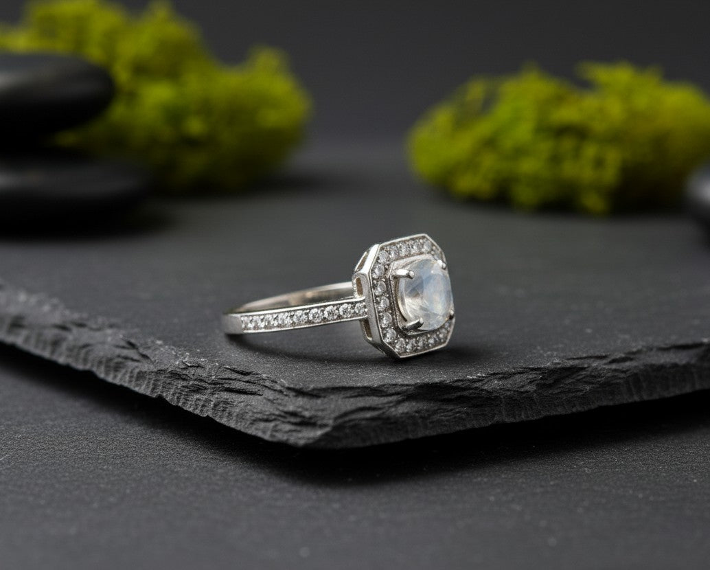 Celestial Halo Ring: Natural Moonstone & Dazzling Moissanite Cluster in Sterling Silver