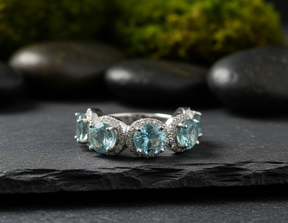 Ocean Serenity Ring: Natural Blue Topaz & Brilliant Moissanite Halo Band