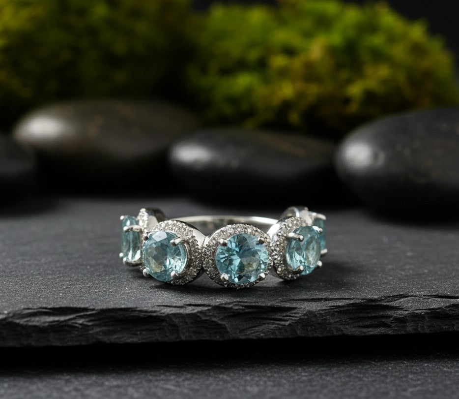 Ocean Serenity Ring: Natural Blue Topaz & Brilliant Moissanite Halo Band
