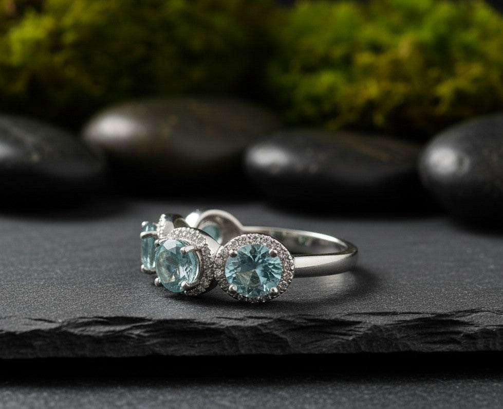 Ocean Serenity Ring: Natural Blue Topaz & Brilliant Moissanite Halo Band