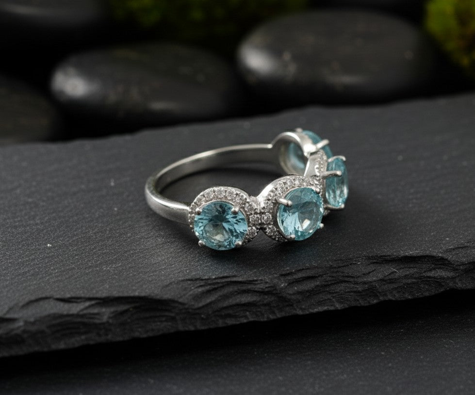 Ocean Serenity Ring: Natural Blue Topaz & Brilliant Moissanite Halo Band