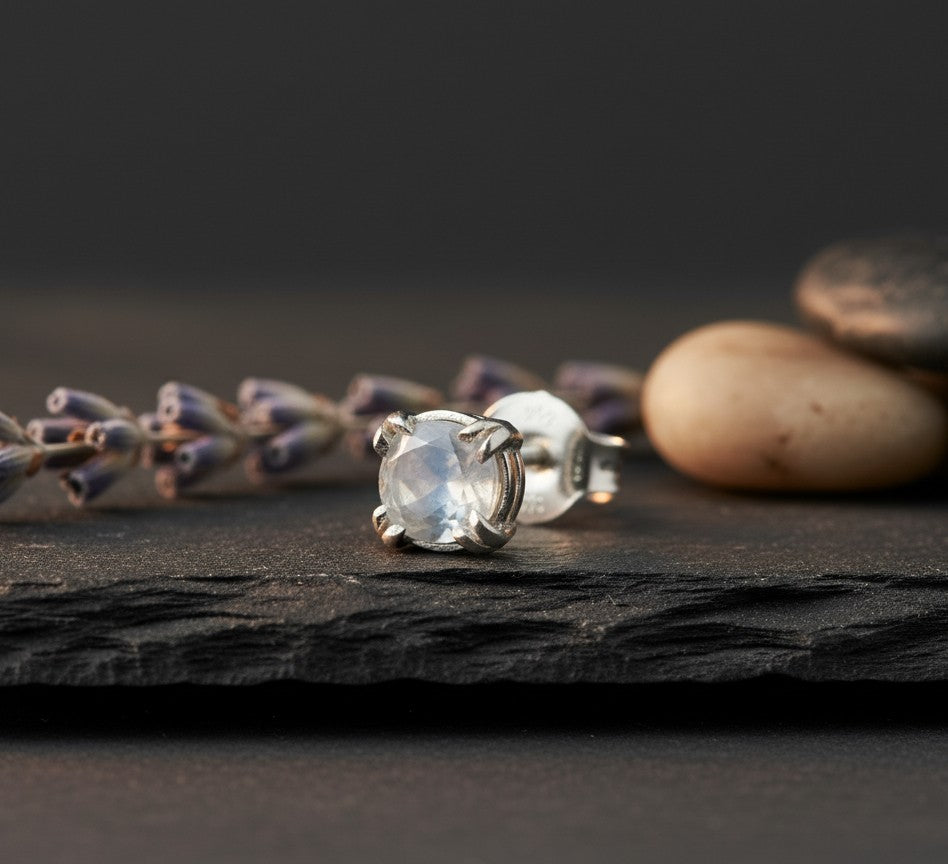 Mystic Glow Studs: Natural Round Moonstone Earrings in Sterling Silver